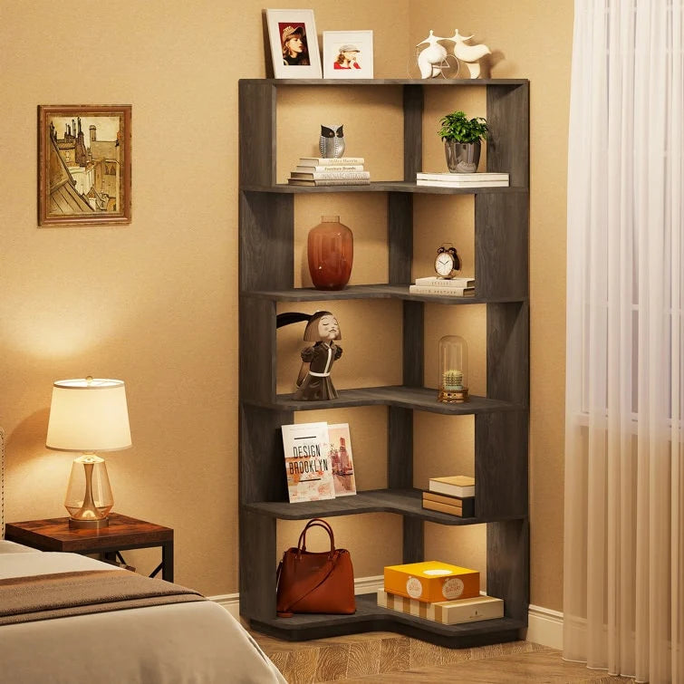 64.9 Inch Tall 6-Tier Corner Bookshelf, Freestanding Wood Industrial Bookcase