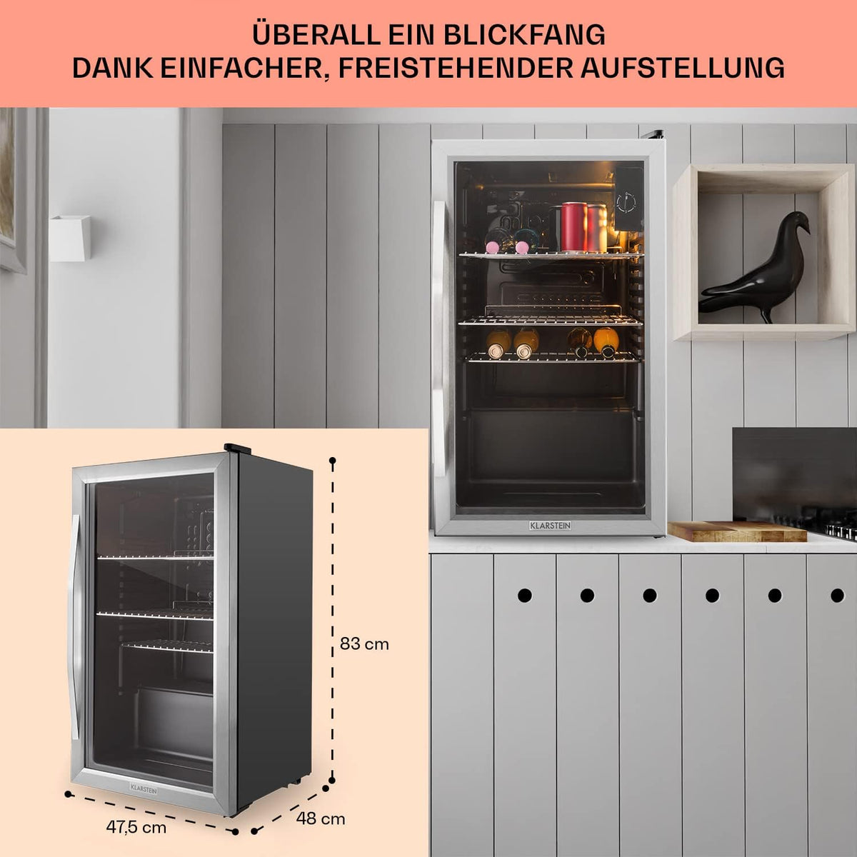 Klarstein Mini Kühlschrank mit Glastür, Mini, für Zimmer, Getränkekühlschrank Klein mit Verstellbaren Ablagen, 80 Liter, Indoor/Outdoor Kühlschrank