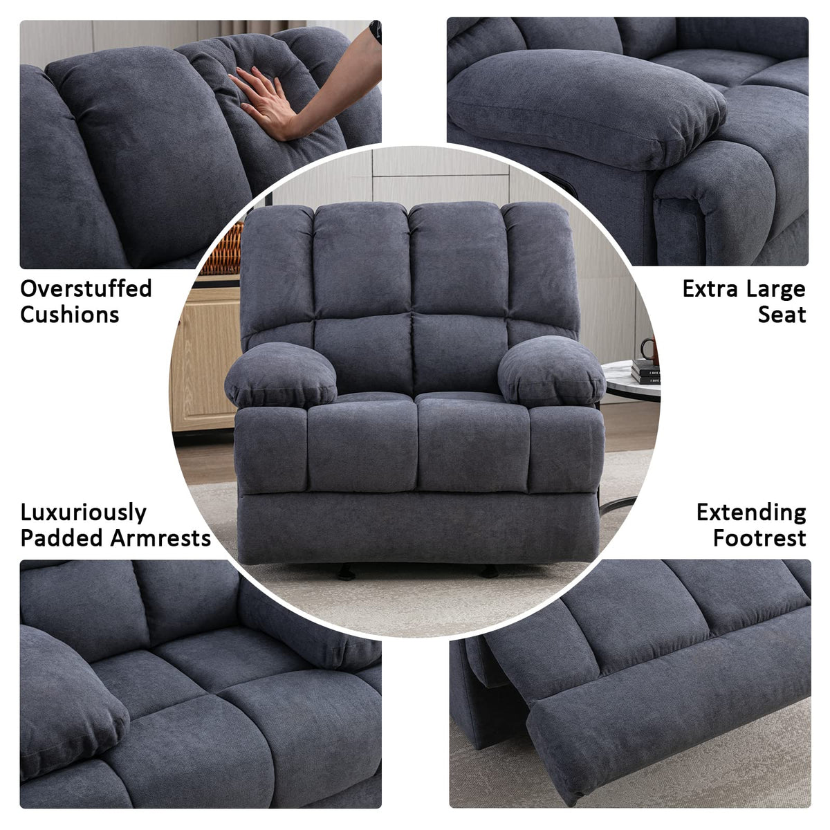 2025 Sillón mecedor sobredimensionado, sillón reclinable manual simple, sillón tapizado acolchonado, sillón mecedor para sala, asiento de teatro talla