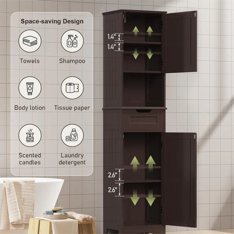 67 Inch Tall Narrow Bathroom Linen Cabinet, 5-Tier Solid Wood Freestanding Storage Cabinet