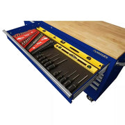 View 72-Inch 18-Drawer Mobile Workbench with Solid Wood Top, Gloss Blue image 3
