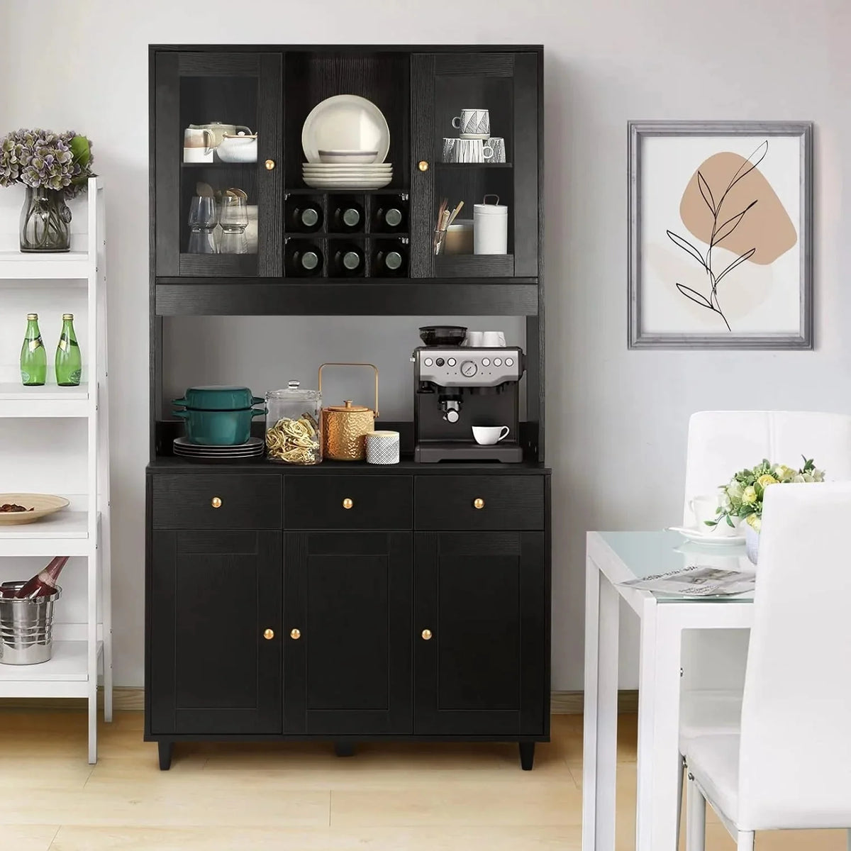 VOWNER Armario Aparador Cocina/Buffet, 100L x 38W x 181H cm, Mueble Auxiliar de Almacenaje, 5 Puertas y 5 Baldas Ajustables, Blanco