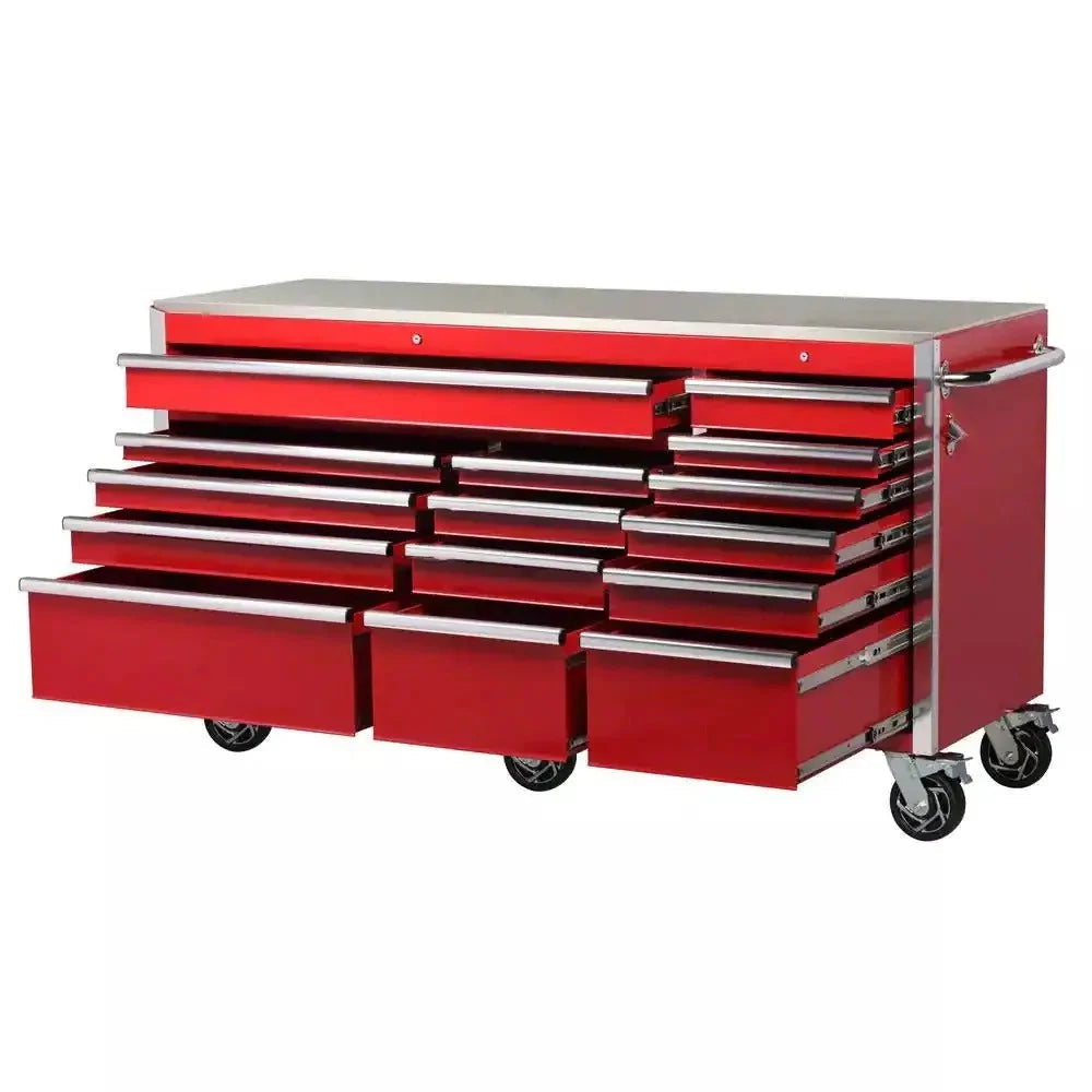 72-Inch W x 24-Inch D 15-Drawer Mobile Workbench with Stainless Steel Top and Dual Locks, Red