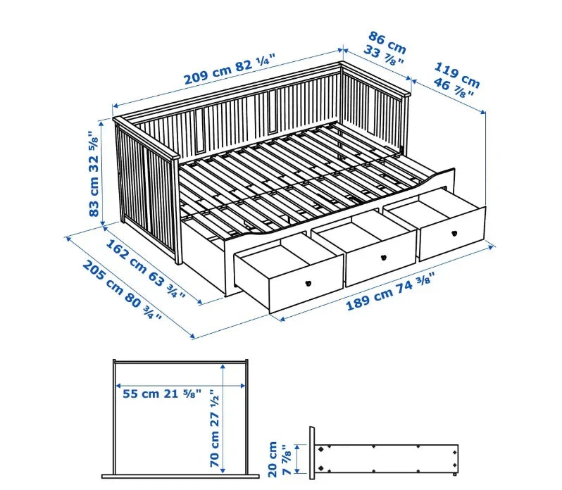HEMNES Cama día con 3 cajones Gris, 80x200 cm