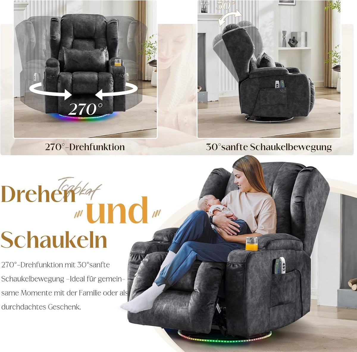 Elektrischer Fernsehsessel Relaxsessel mit Liegefunktion,240°Drehsessel Kinosessel Massagesessel mit Wärmefunktion,TV Sessel Liegesessel fürs