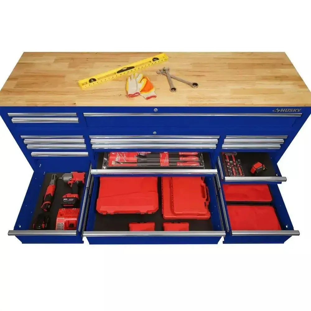 72-Inch 18-Drawer Mobile Workbench with Solid Wood Top, Gloss Blue