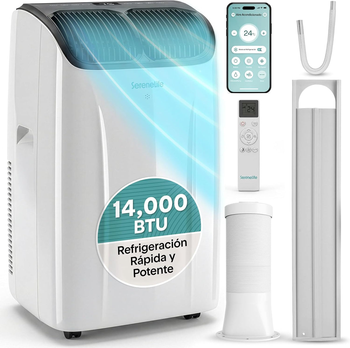 SereneLife Aire Acondicionado Portátil 14000 BTU con WiFi, Climatizador 3 en 1 Frío, Ventilación y Deshumidificador, Smart con Kit de Ventana, para