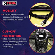 View K Tool International 42′′ Belt Drive Drum Fan; Industrial, Garage, Shop, High Speed 2-Speed, Durable, Cut-Off Protection, Easy Mobility Rubber Wheels; SAFETY YELLOW KTI77743 image 4