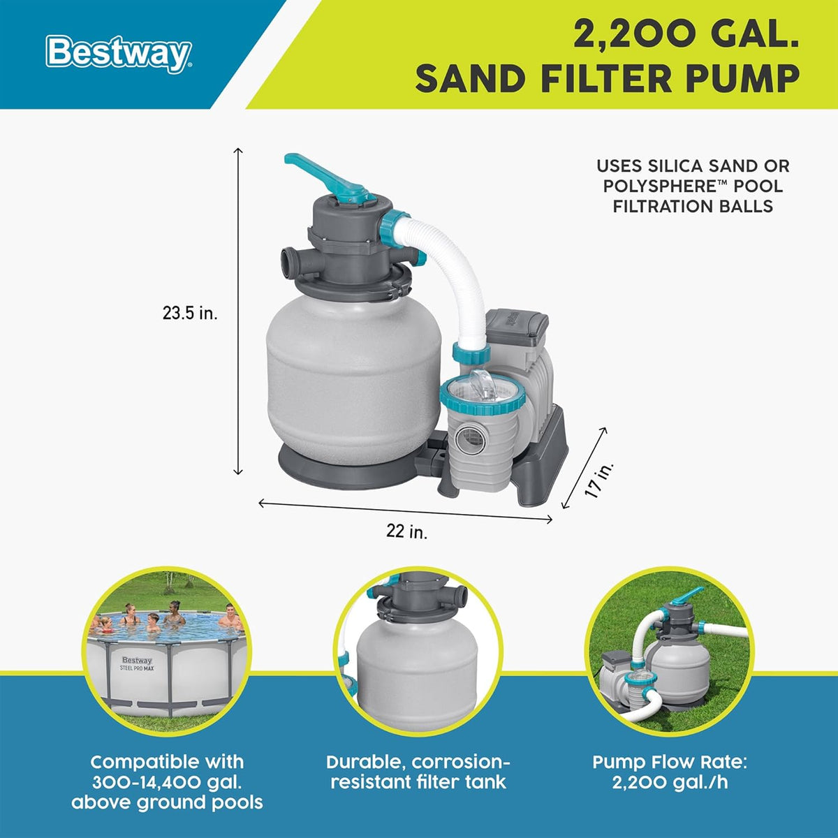 2,200 GPH Sand Filter Pump for Above Ground Pools, High Flow Swimming Pool Filtration System