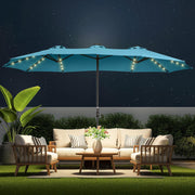 View Double Sided Patio Umbrellas - 15ft Solar Lights LED Lighted Outdoor Extra Large Market Table Umbrella with Base Included, Oversized Umbrella for Deck, Pool, Backyard (Beige) image 2