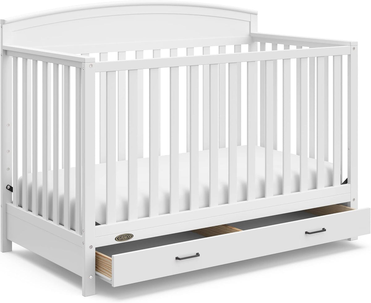 5-in-1 Convertible Baby Bed with Storage Drawers, White, Converts to Toddler Bed, Daybed and Full-Size Bed