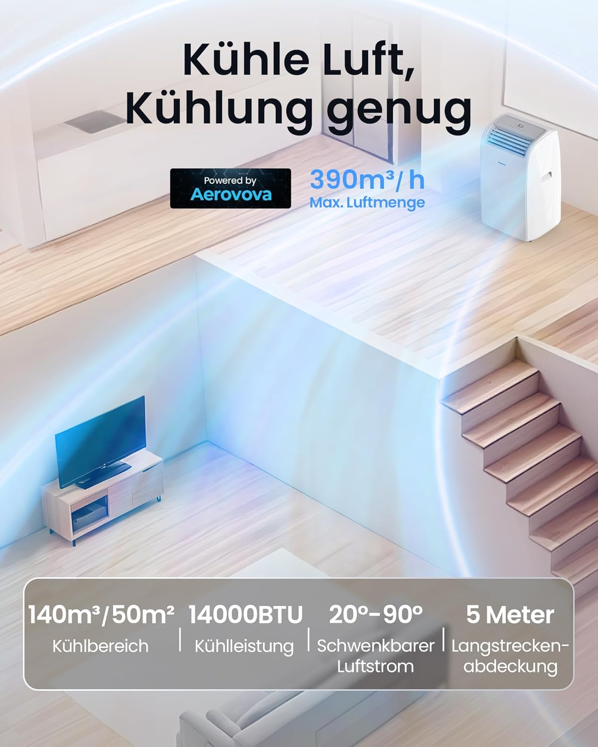 Newentor mobile Klimaanlage 14000 BTU, Klimaanlage mobil mit Abluftschlauch für Räume bis 50m2, kühlen/entfeuchten/ventilieren mit Fernbedienung
