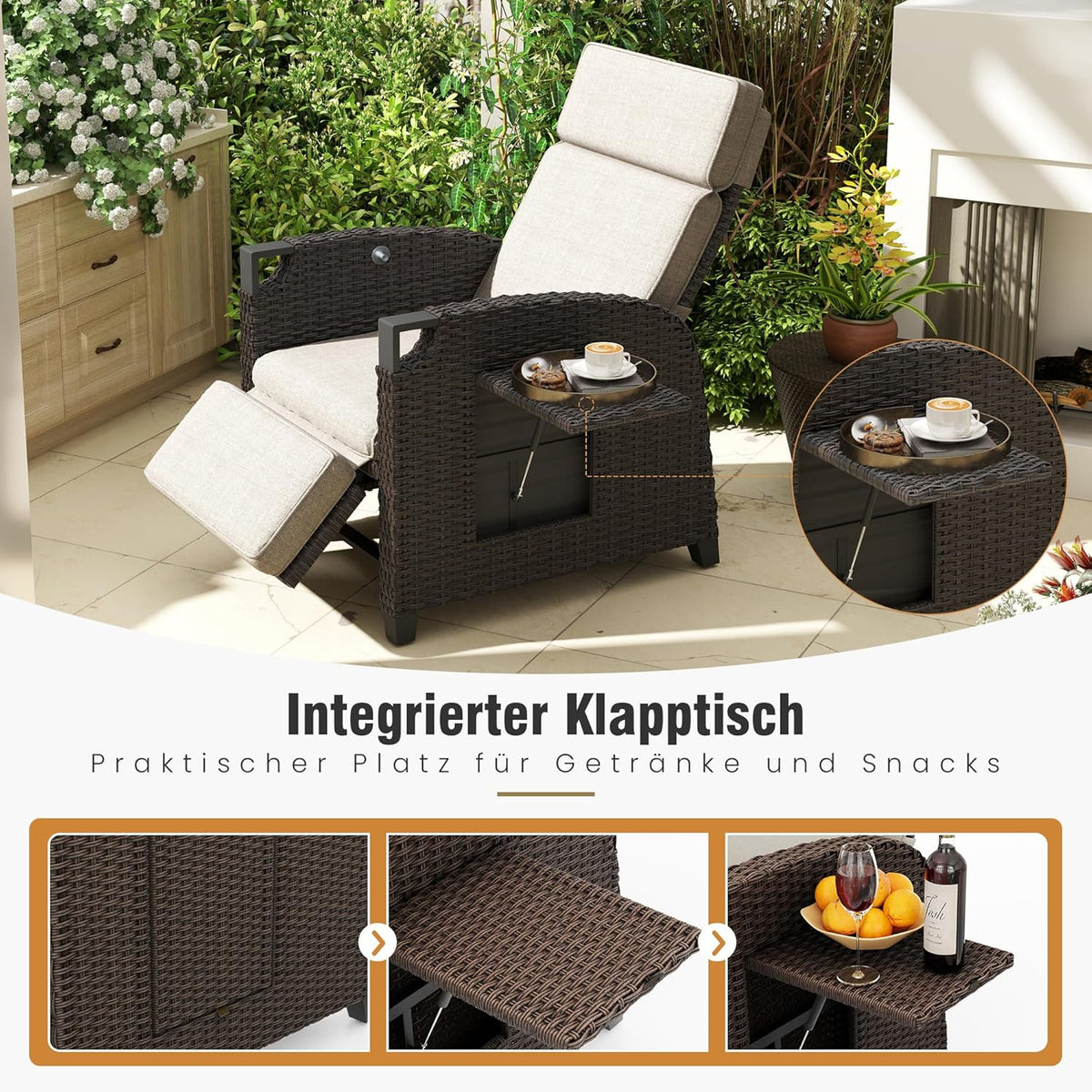 Amopatio Relaxliege Liegesessel, Rattan Sonnenliege mit Verstellbar Rückenlehne und Klapptisch, Outdoor Gartensessel wetterfestes, für Terrasse,