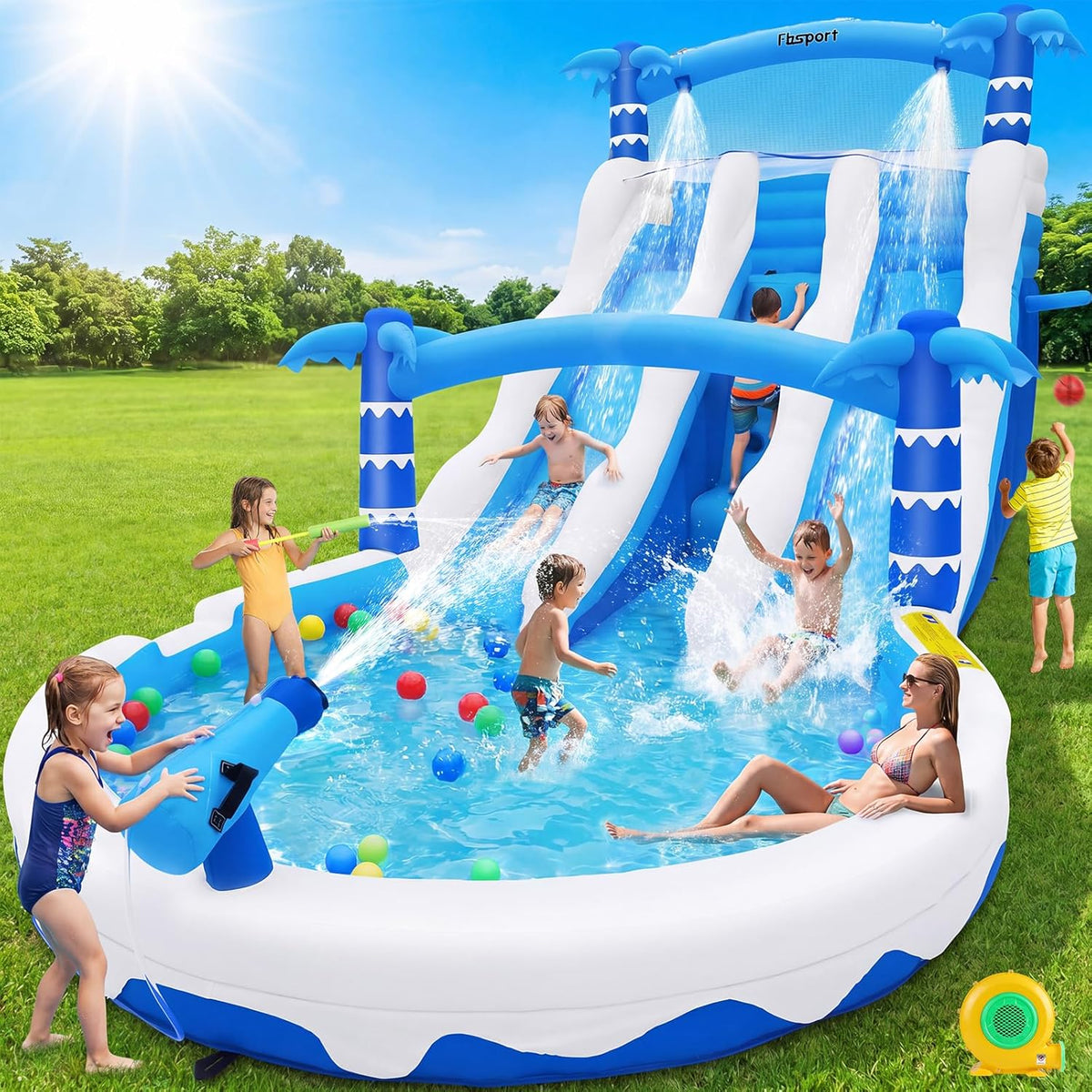 Hüpfburg XXL mit 2 Wasserrutsche für Gewerblichen Erwachsene & Kinder, Aufblasbare Bouncy Castle für Indoor Outdoor mit Gebläse Größe Pool Rutsche