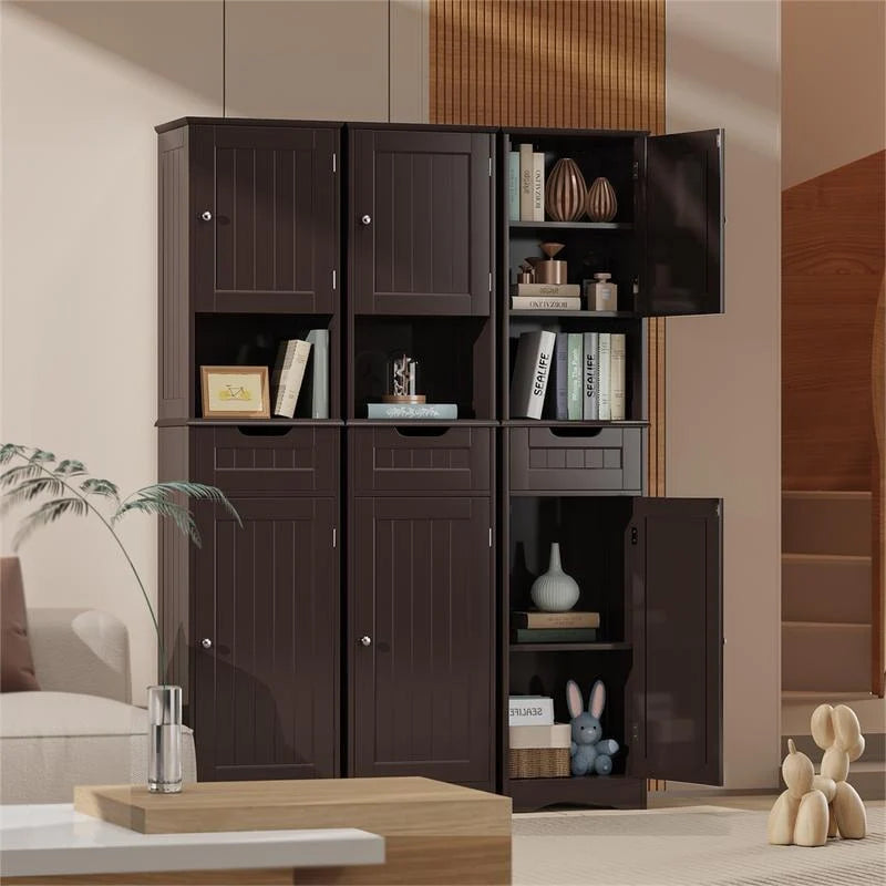 67 Inch Tall Narrow Bathroom Linen Cabinet, 5-Tier Solid Wood Freestanding Storage Cabinet
