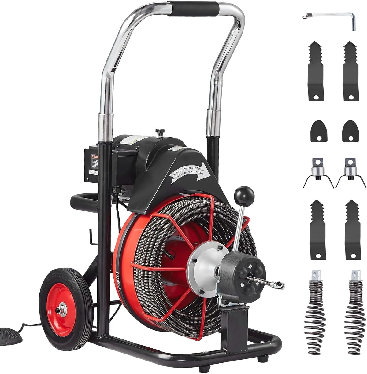 550W Drain Cleaning Machine, 100-Ft. x 1/2-Inch Sewer Snake Auger with 8 Cutters, Wheels and Foot Switch, for 2-4-Inch Pipes