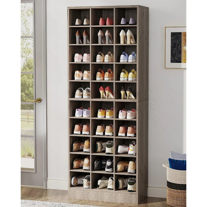 10-Tier Tall Shoe Cabinet, 30-Pair White Wood Shoe Storage Rack for Entryway and Closet
