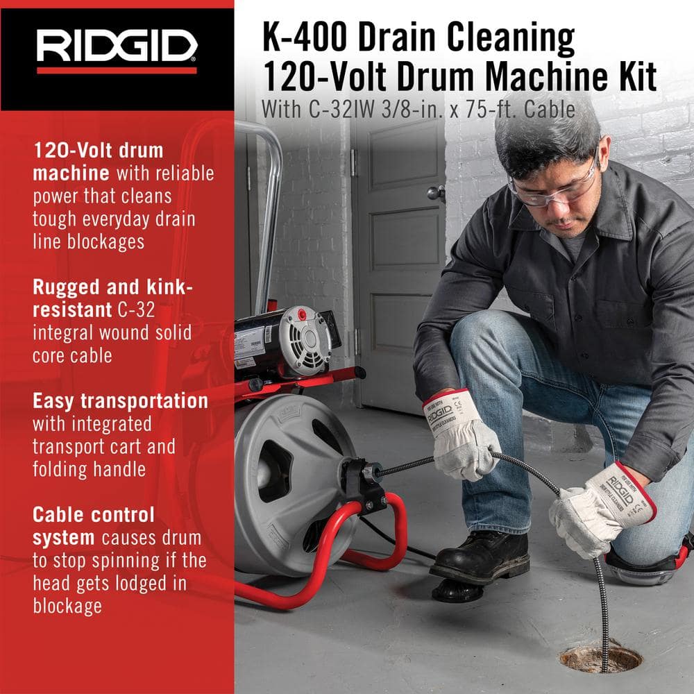 120V Drum Drain Cleaning Snake Auger with 3/8-In. x 75-Ft. Cable, 4-Piece Tool Set and Gloves
