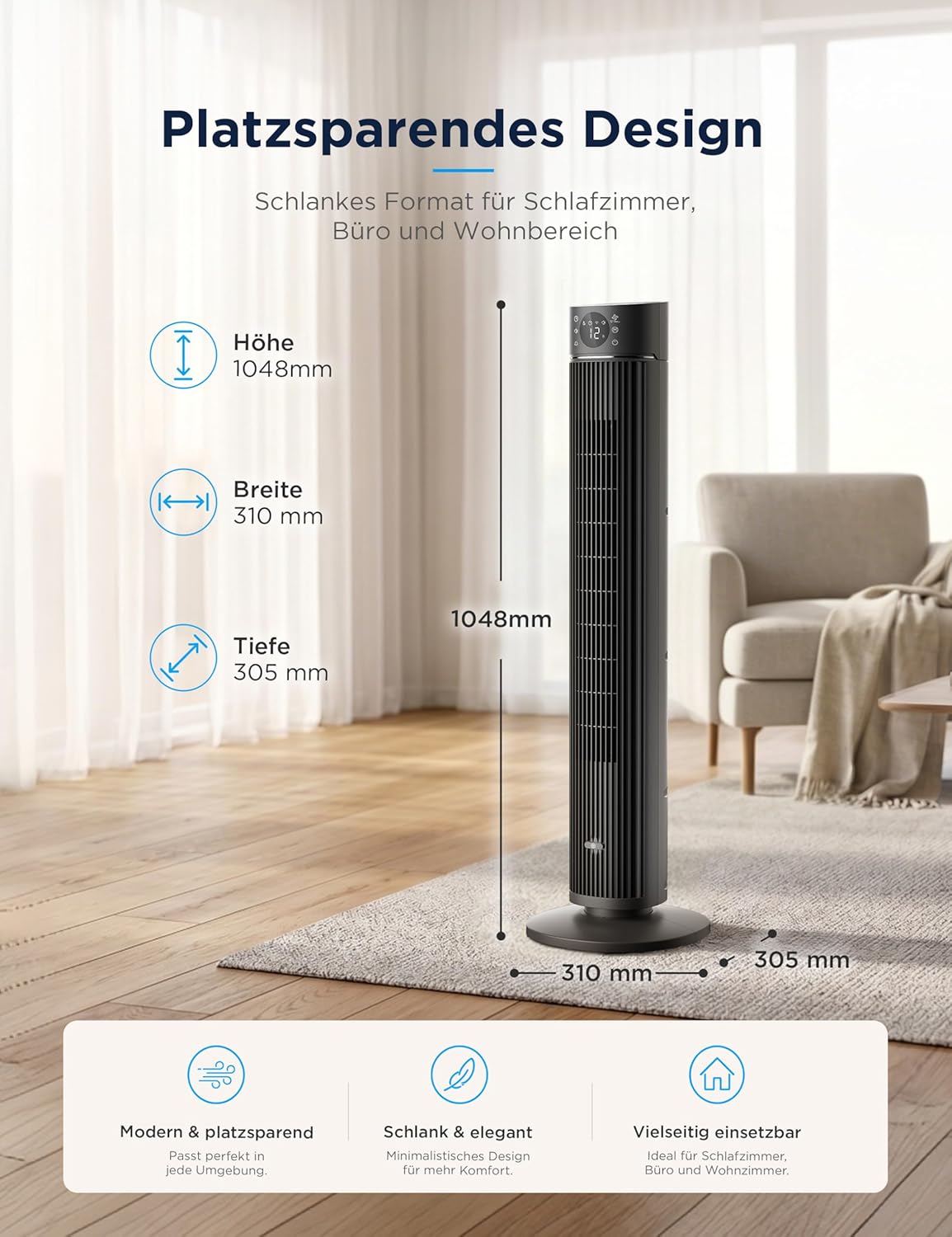 Midea FZ10-26ARDW Smart Leiser Turmventilator mit Fernbedienung, 19 dB Flüsterleise, DC-Motor, 4 Modi & 12 Stufen, 24h Timer, App-Steuerung für