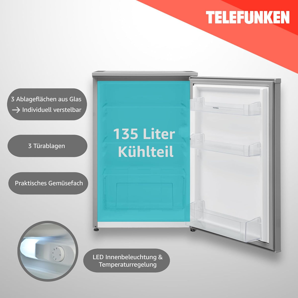 TELEFUNKEN Kühlschrank ohne Gefrierfach freistehend | Standkühlschrank mit 135 Liter Nutzinhalt | Kühlschrank klein mit Gemüsefach |