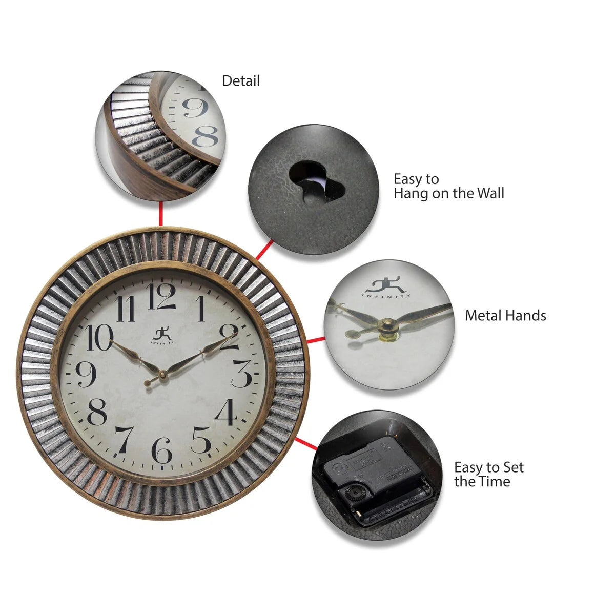 16 Inch Rustic Industrial Wall Clock, Decorative Round Clock for Home