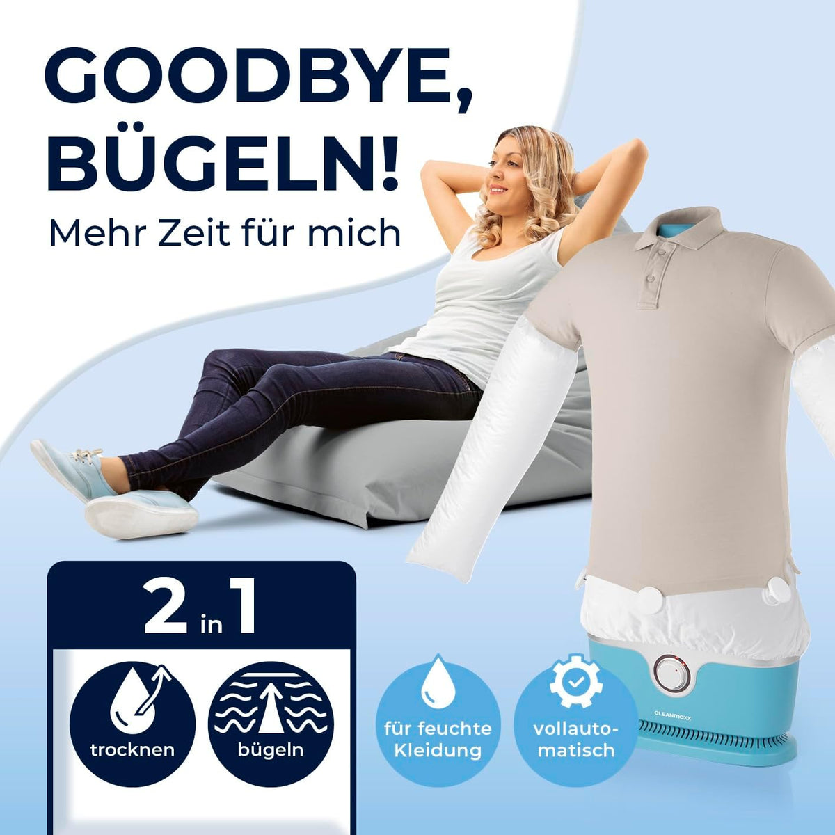 CLEANmaxx automatischer Hemdenbügler inklusive Hosenaufsatz | Bügler für Hemden, Blusen & Hosen, schonender als Wäschetrockner und Bügeleisen |