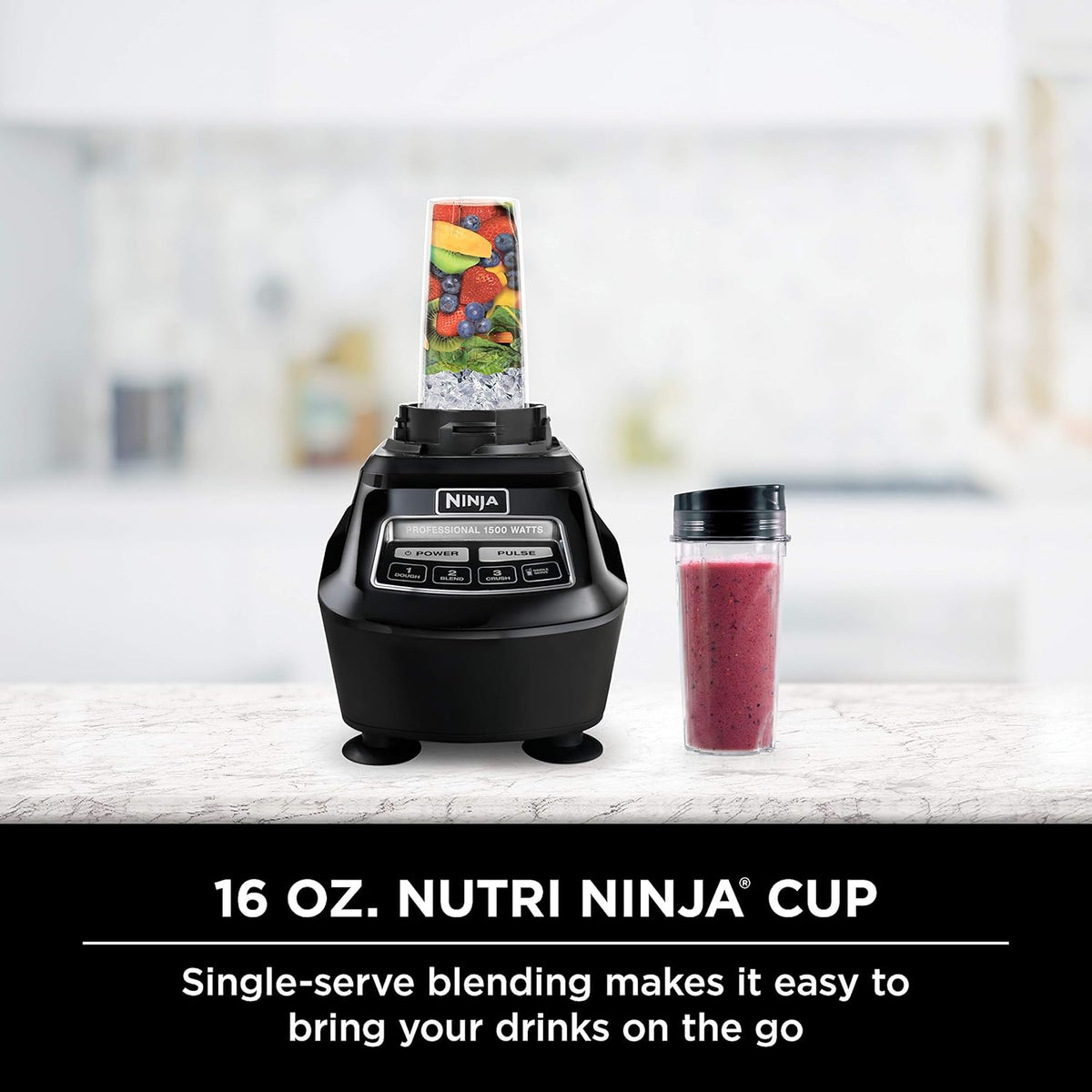 1500W Blender and Food Processor System with 72-Oz. Pitcher, 64-Oz. Bowl and 16-Oz. To-Go Cups, Black