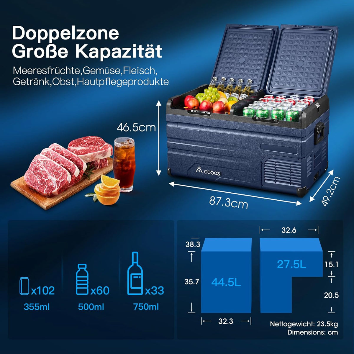 AAOBOSI 72L Kompressor Kühlbox, Dual Zone, Camping Kühlschrank mit APP, -20°C bis 20°C, USB-Handy-Ladung, LED-Beleuchtung, 12/24V und 100-240V,