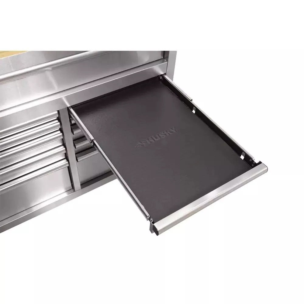 72-Inch 18-Drawer Mobile Workbench, 24-Inch Deep, with Solid Wood Top and Stainless Steel Finish