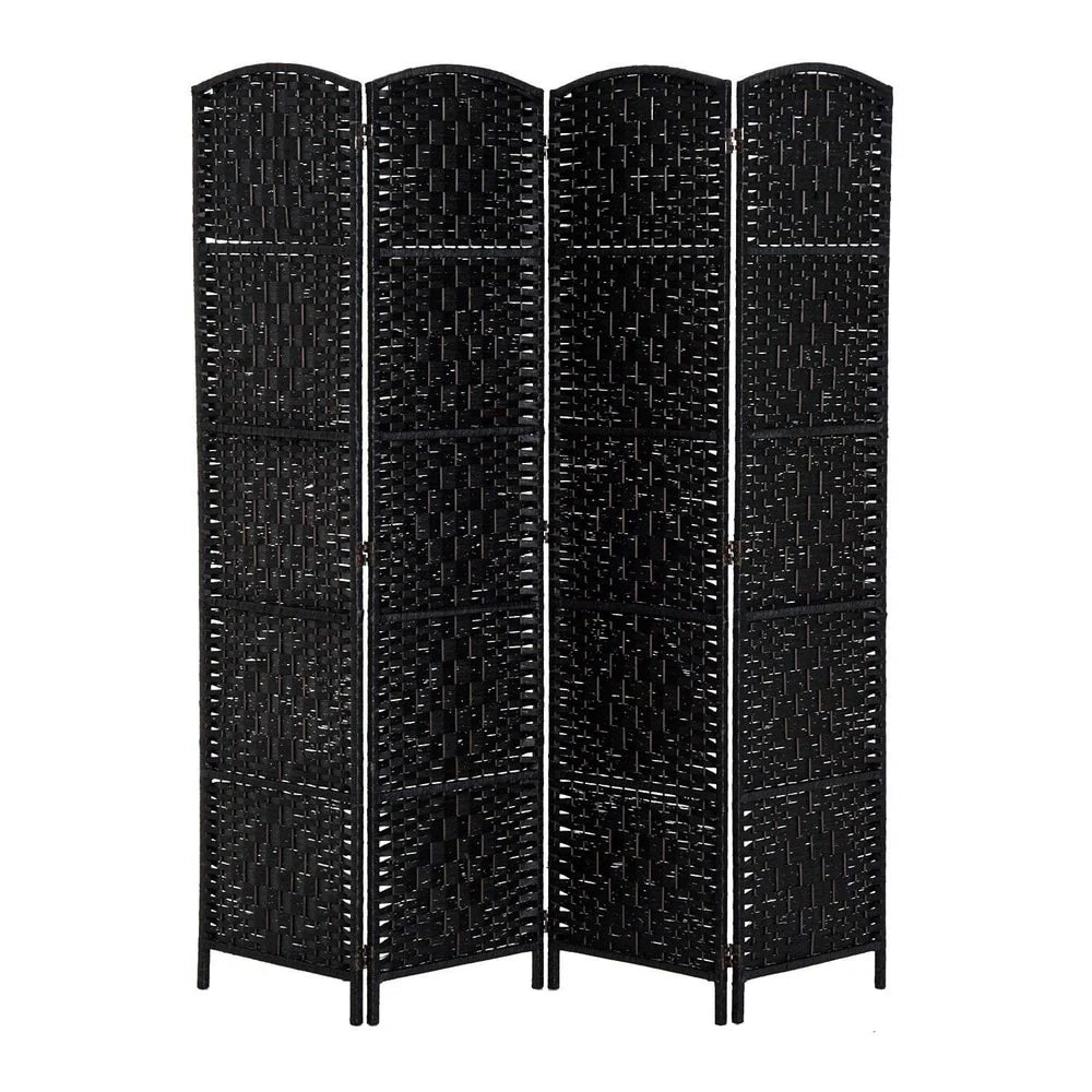6 Ft Tall Four-Panel Wicker Weave Room Divider, Black Wood Privacy Screen