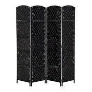 View 6 Ft Tall Four-Panel Wicker Weave Room Divider, Black Wood Privacy Screen image 1
