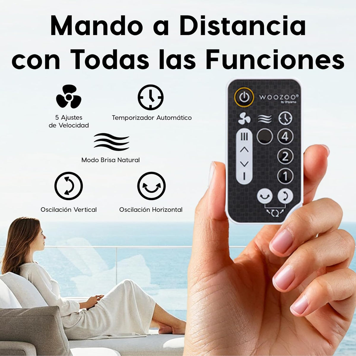 Iris Ohyama Woozoo, 30m², Ventilador de mesa, Blanco, 5 velocidades, Mando a distancia, Oscilación multidireccional, Silencioso, Potente, Escritorio,