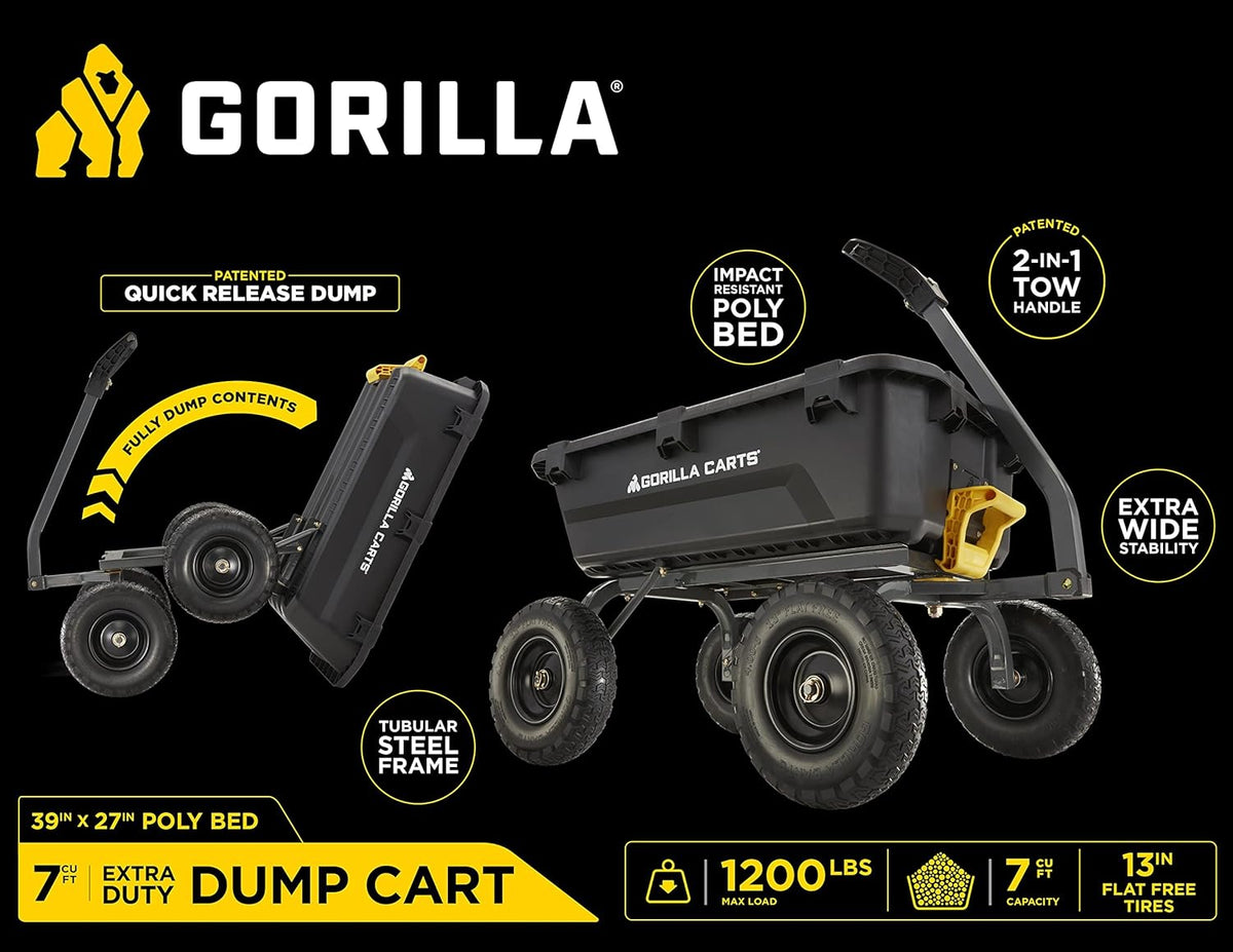7-Cubic-Foot Poly Dump Garden Cart with No-Flat Tires, 1,200-Lb. Capacity, Black