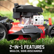 View 21-inch gas-powered lawn mower, equipped with a 144cc four-stroke all-terrain engine, featuring both crushing and side-discharge functions, with adjustable cutting height ranging from 6 positions. image 2