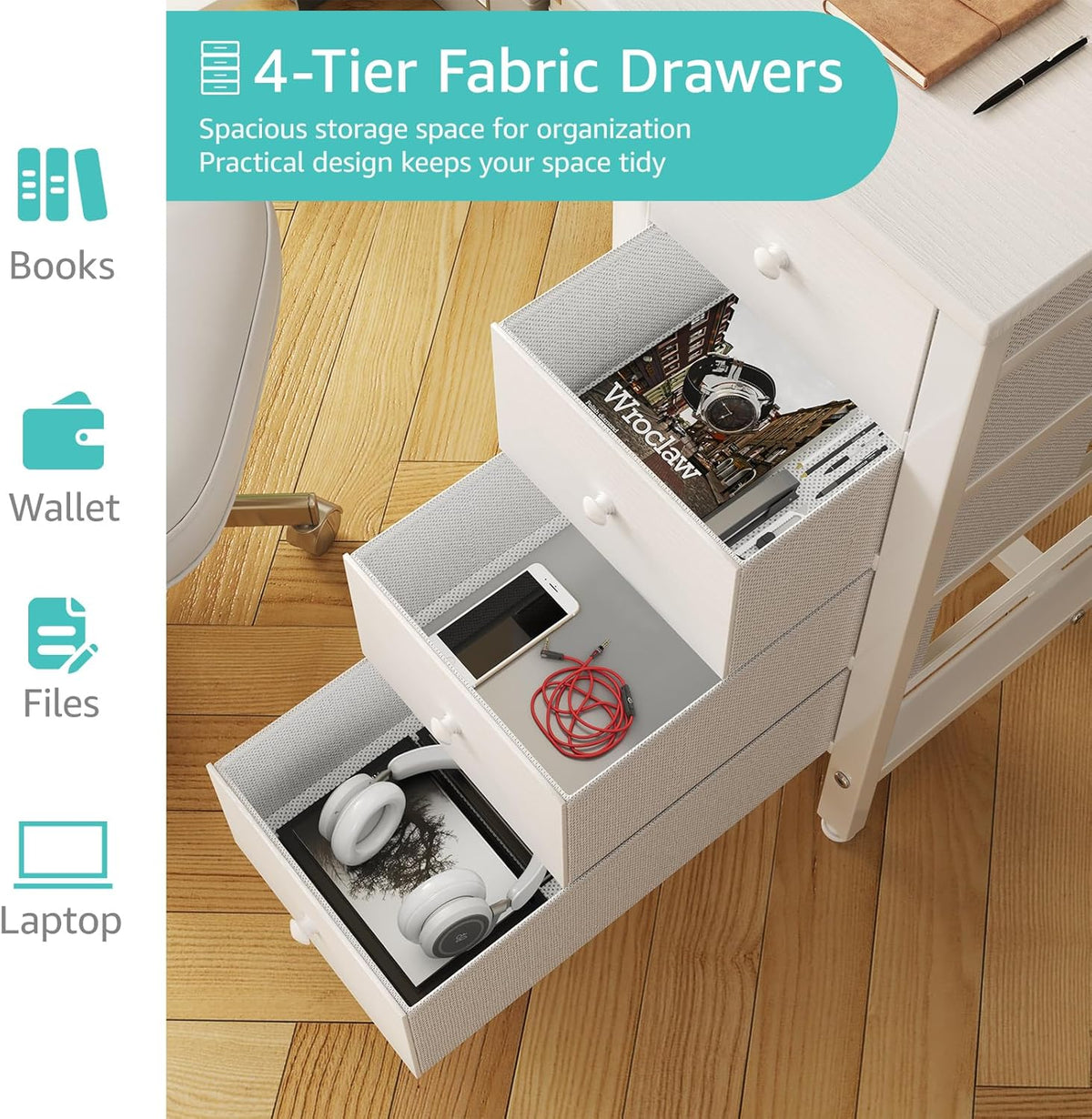 40 Inch Small White Desk with Fabric Drawers, Compact Computer Writing Desk for Home Office, Bedroom and Study