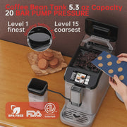 View Full Automatic Espresso Machine with Built-In Grinder Milk Frother - FTF Touchscreen Coffee Maker for Latte/Cappuccino, 20 Bar Pressur 1.5L Water... image 6