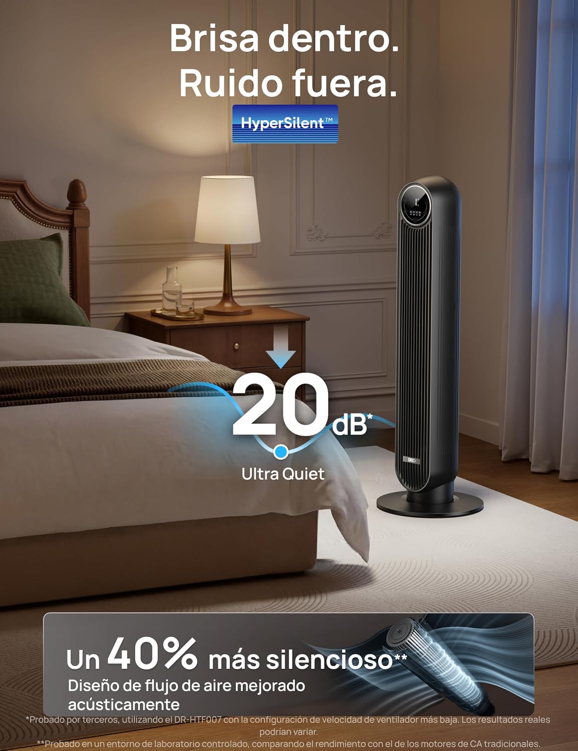 Dreo 20dB Ventilador de Pie Silencioso, Ventiladores de Torre con Velocidad de 7,6 m/s, 4 Velocidades, Rotación de 90°, Temporizador de 8 Horas,