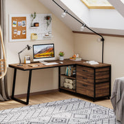 View L-Shaped Computer Desk with 3 Drawers, Reversible Corner Home Office Desk with Shelves, 53-Inch Industrial PC Desk Study Writing Table Workstation for Small Space, Rustic Brown image 4