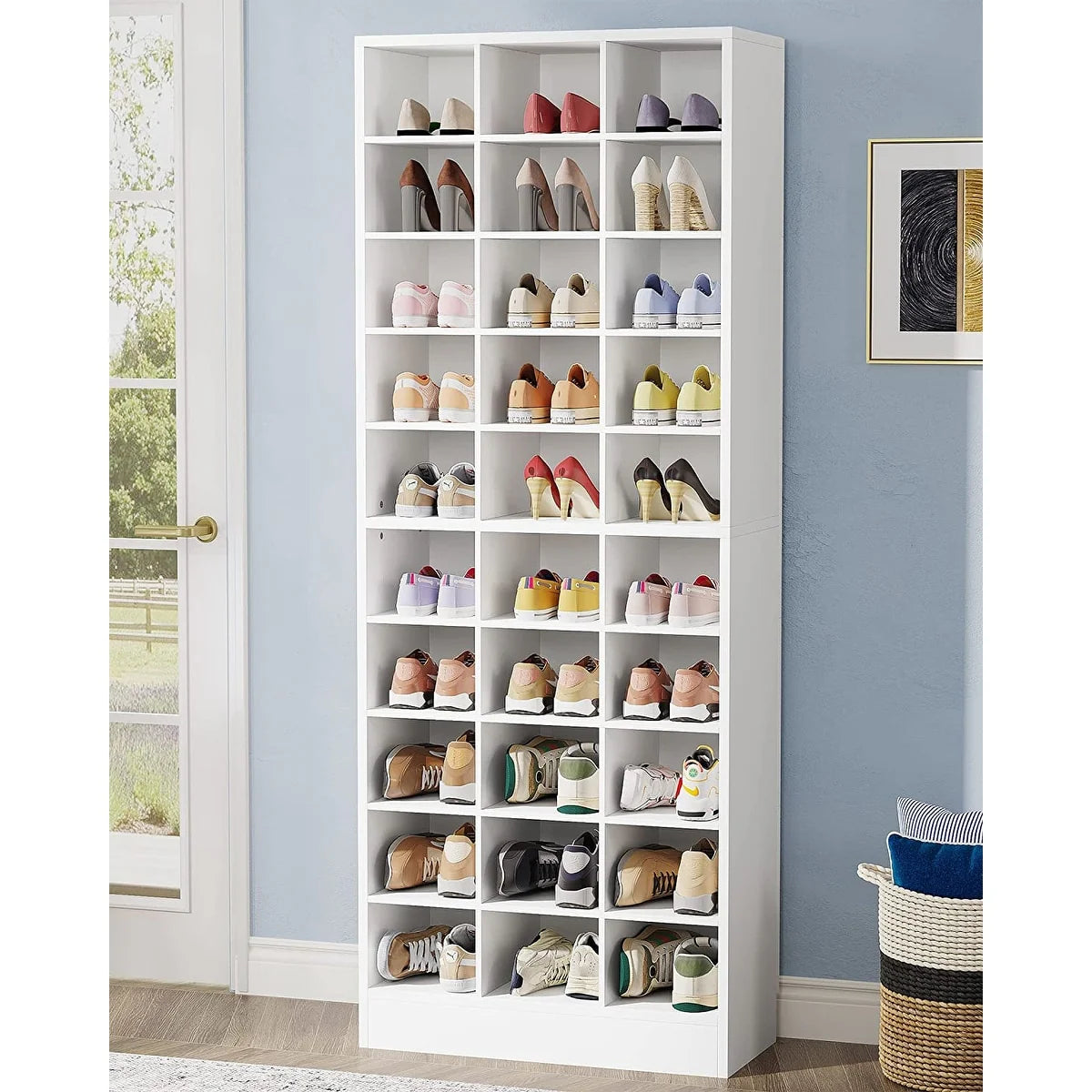 10-Tier Tall Shoe Cabinet, 30-Pair White Wood Shoe Storage Rack for Entryway and Closet