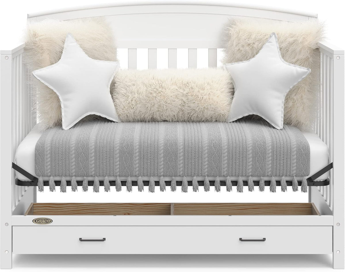 5-in-1 Convertible Baby Bed with Storage Drawers, White, Converts to Toddler Bed, Daybed and Full-Size Bed