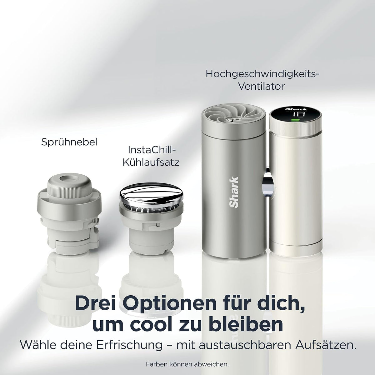 Shark ChillPill 3-in-1-Hochgeschwindigkeits-Handventilator-, Sprühnebel- und InstaChill-System Paket mit Reise-Etui, mit 3 Kühlaufsätzen,