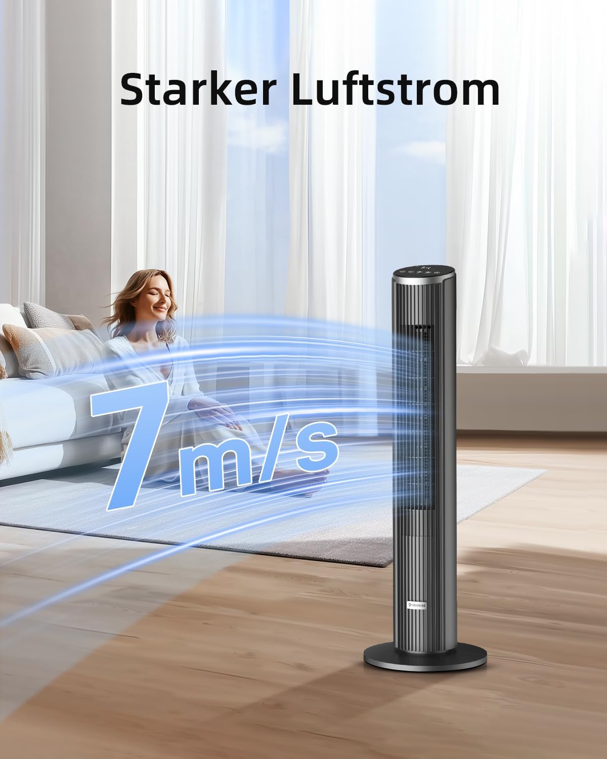 Ateroll Leiser Turmventilator für Schlafzimmer, Standventilator mit Fernbedienung, 90° oszillierend, 4 Geschwindigkeiten 3 Modi 12H Timer LED-Anzeige,