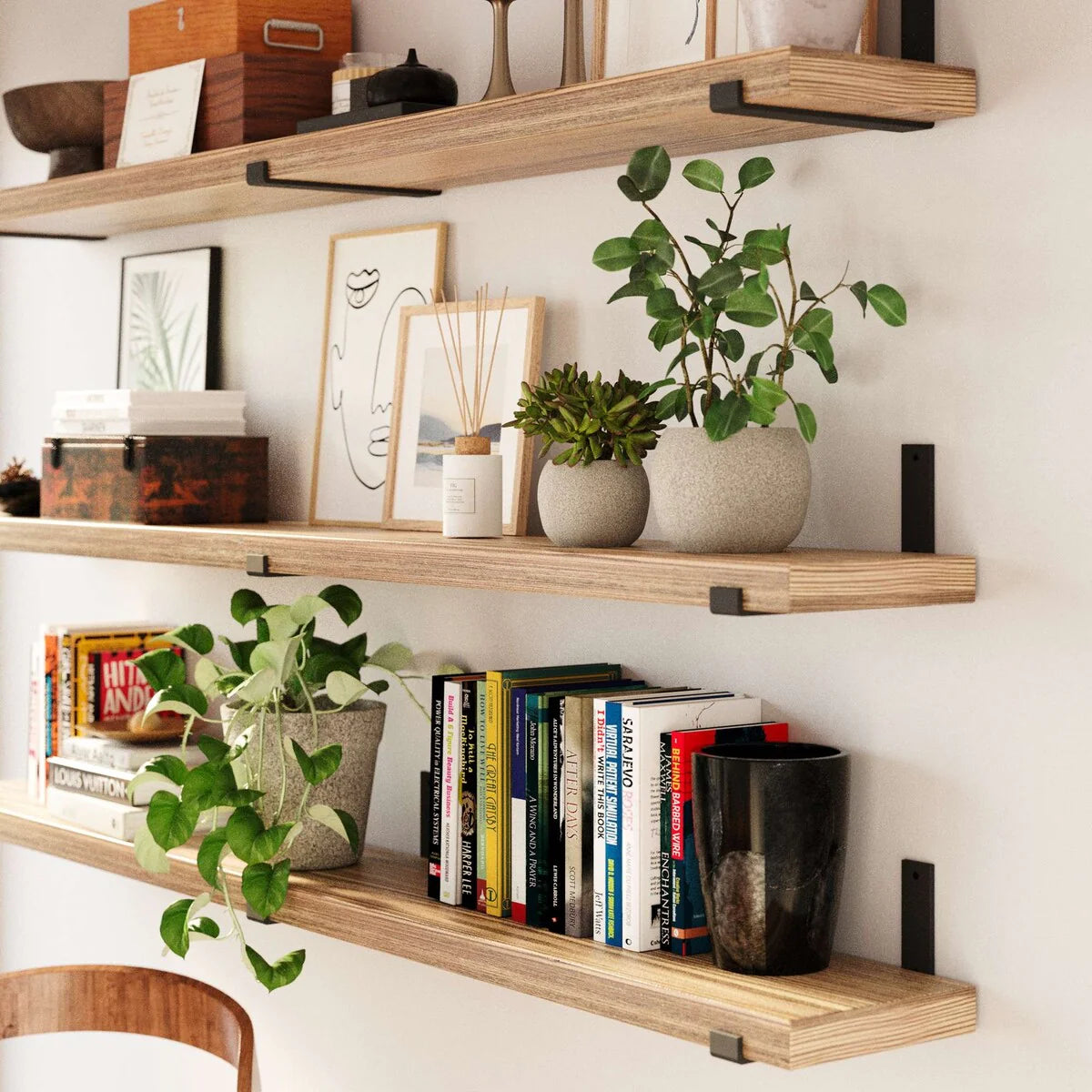 72 Inch Floating Wood Wall Shelves, Set of 3 Burnt Wood Display and Storage Shelves for Home Decor