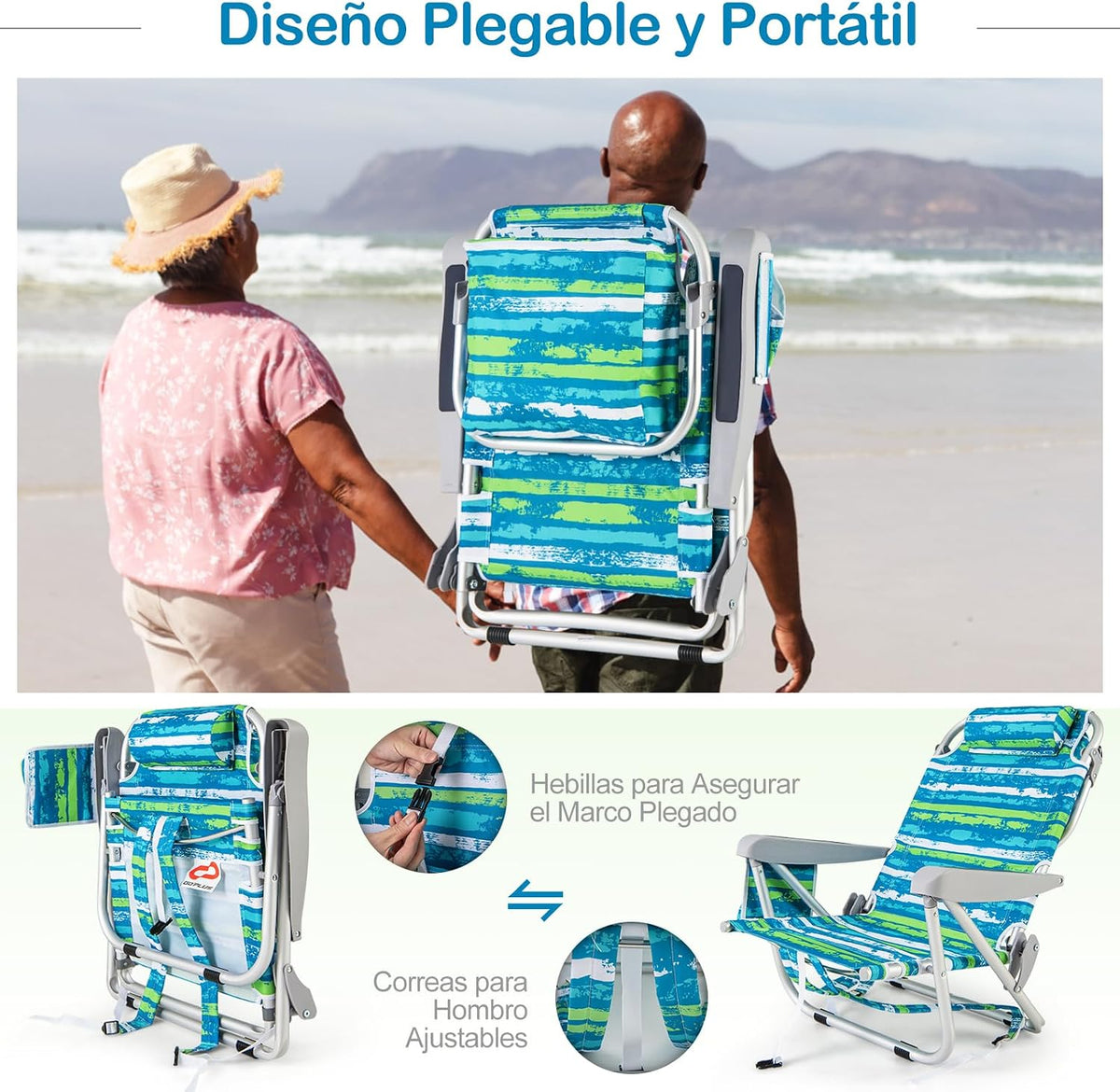 COSTWAY Silla Plegable de Playa, Tumbona con 5 Posiciones, Portavasos, Bolsillos de Almacenamiento, Correas de Hombro, Soporte para Toallas, Almohada,