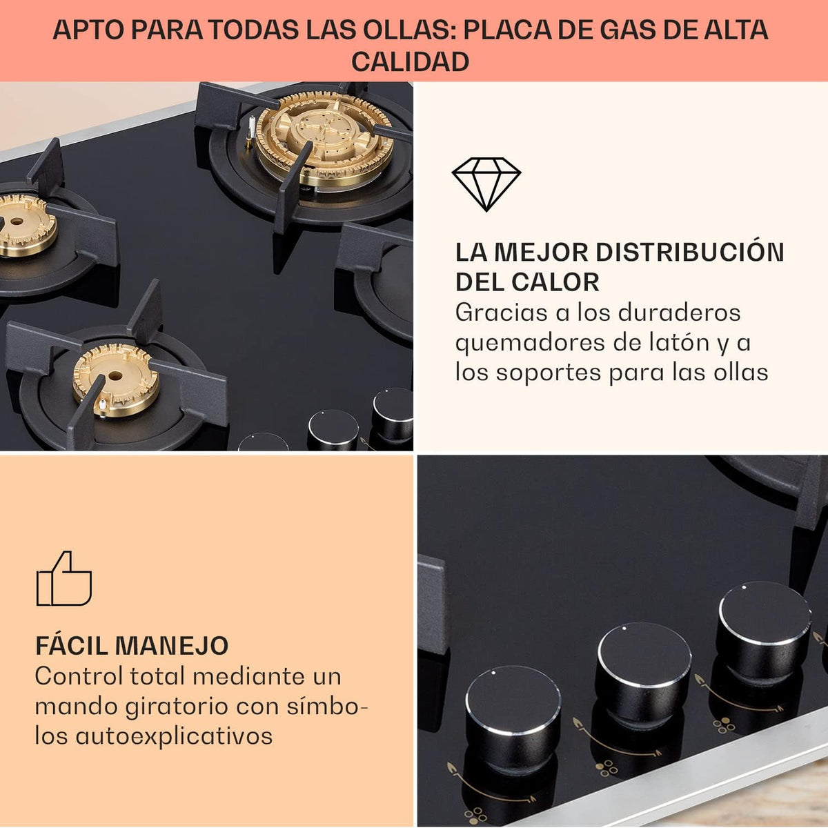 Klarstein Cocina de Gas Butano, Placa de Gas 4 Fuegos 8000W, Placa Vitroceramica Gas Integrada para Cocina, Placa Gas Butano de Diseño, Encimera Gas
