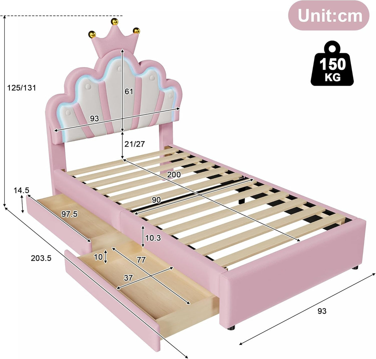 Kinderbett Polsterbett 90x200, Kronenförmiges Prinzessinnenbett, Einzelbett mit LED und 2 Schubladen, Bettgestell für Mädchen, mit Verstellbares