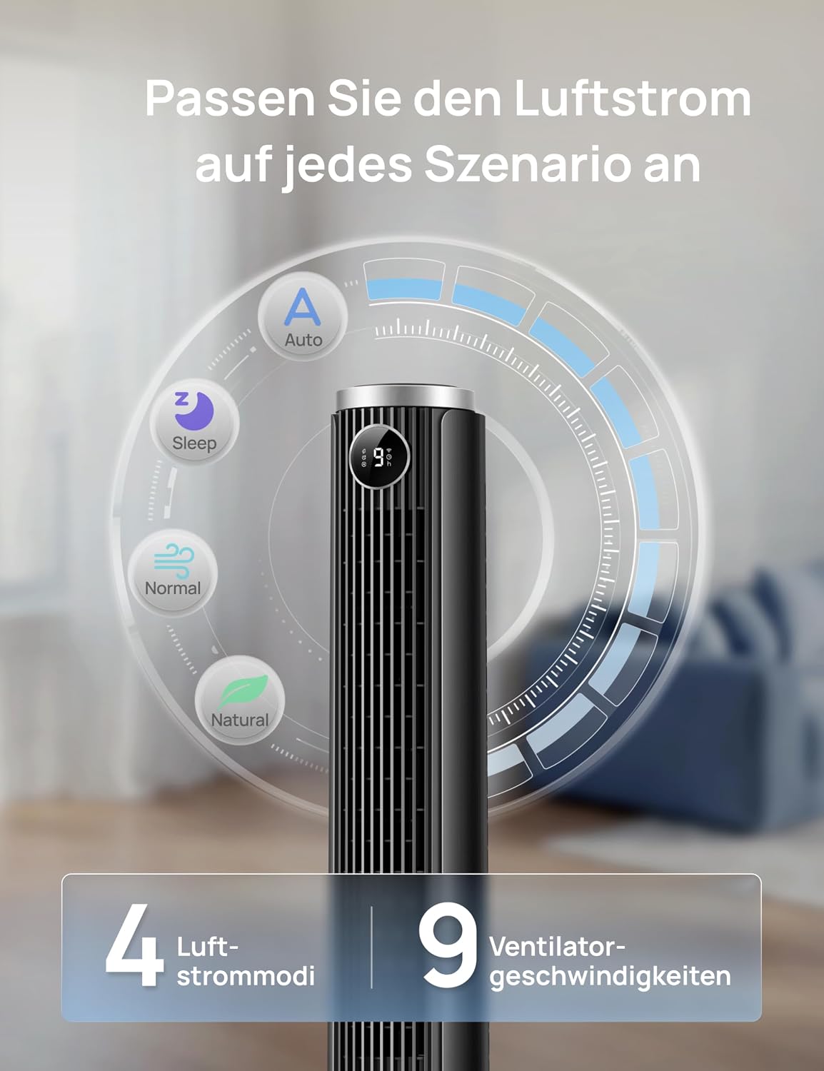 DREO Smart 102–114cm Turmventilator fürs Schlafzimmer, Höhenverstellbar, 8.4m/s, DC-Motor, 9 Stufen, 4 Modi, 90°-Oszillation, Standventilator, 20dB
