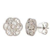 View Diamond Cut Textured Flower Stud Earrings in White Gold image 1