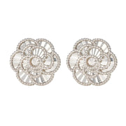 View Diamond Cut Textured Flower Stud Earrings in White Gold image 2
