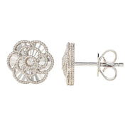 View Diamond Cut Textured Flower Stud Earrings in White Gold image 3